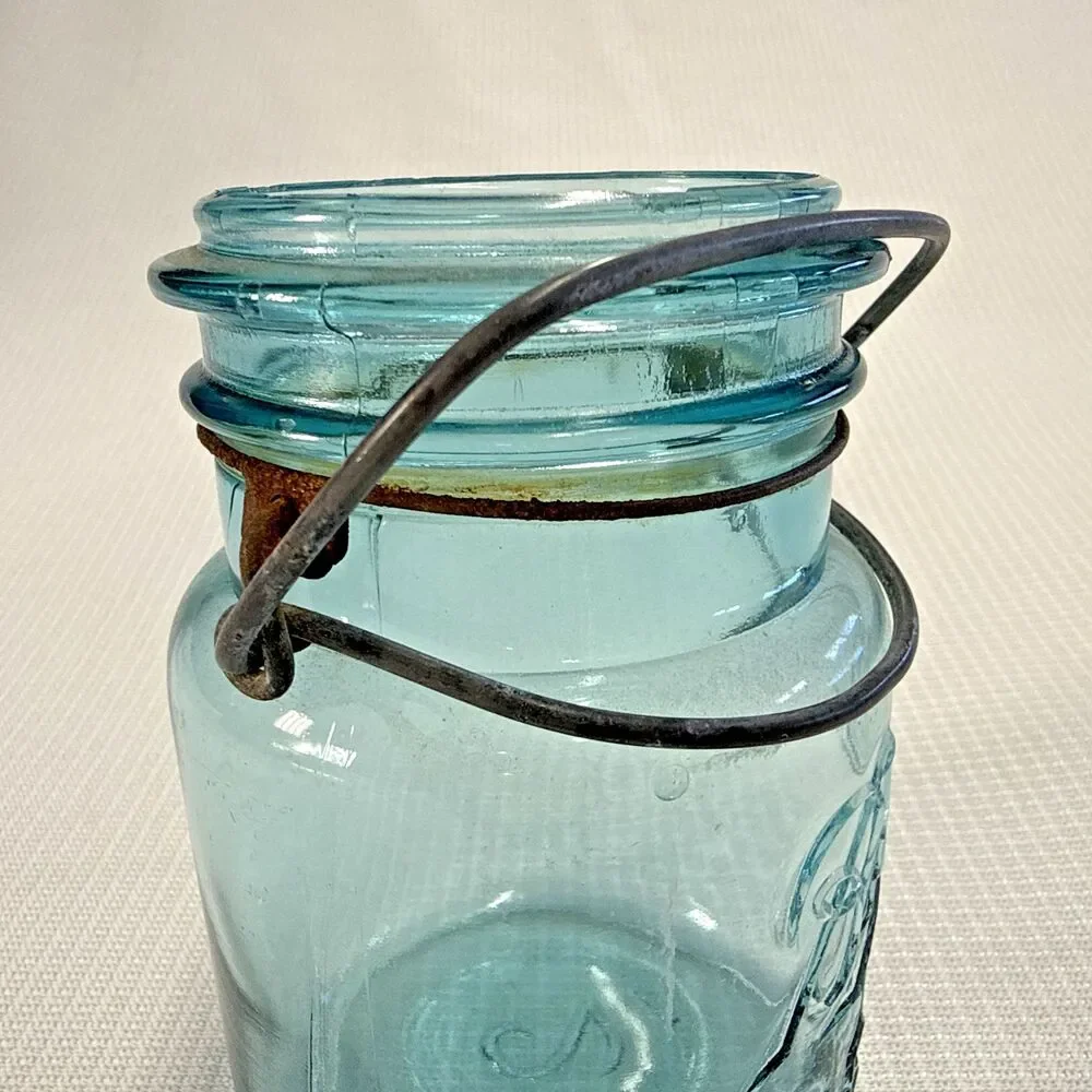 Vintage Ball Ideal Mason Jar Aqua Blue Glass w/ Wire RARE #2 - no lid, not dated